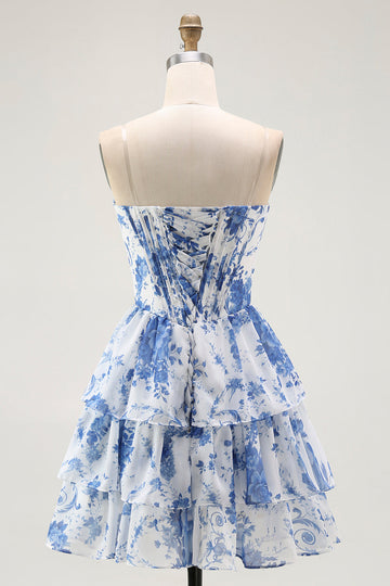 Strapless White Blue Flower Corset A-Line Tiered Short Cocktail Dress